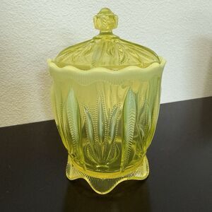 Vintage Fenton Topaz Opalescent Cactus Candy Biscuit Jar W/ Lid Uranium Vaseline